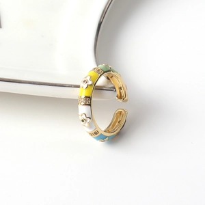 Adjustable 18K gold plated flower ring with colorful enamel petals and zircon accents