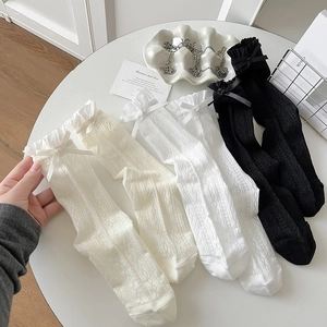 Three pairs of lace trim bow socks in beige, white, and black for Mary Jane shoes
