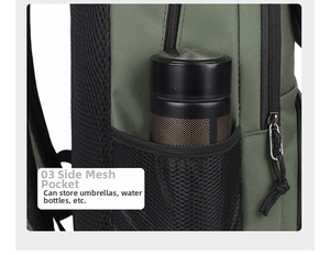 Detail view of durable military green backpack showing the mesh side pocket with water bottle