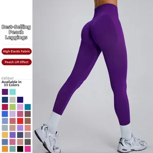 Detail view of high-waisted purple yoga pants featuring a peach lift and 33 available colours