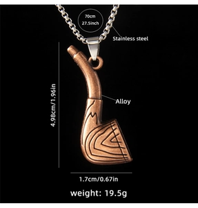 Vue détaillée du pendentif pipe en bronze avec texture bois et spécifications
