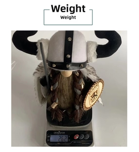Weight measurement of Viking Gnome plush toy at 262g with shield and horned helmet