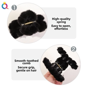Detail of premium plush hair claw clip showing high quality spring and rounded comb teeth