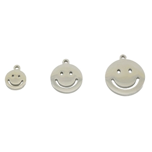 Detailed view of three silver stainless steel smiley face pendants in different sizes