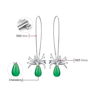 Macro detail showing S925 silver stamp and green chalcedony drop earring texture