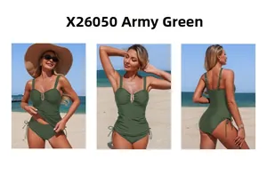 Detail view of army green tankini with U-shaped metal buckle and drawstring sides