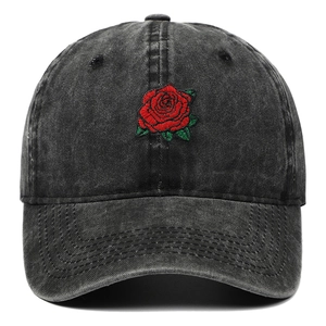 Gorra de béisbol vintage lavada en antracita con bordado de rosa roja para el sol