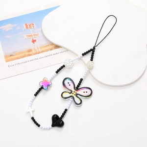 Beaded phone strap with butterfly pendant, black and white beads for wristband diy
