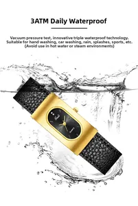 Detail showing 3ATM water resistance of vintage rectangular quartz watch with leather strap