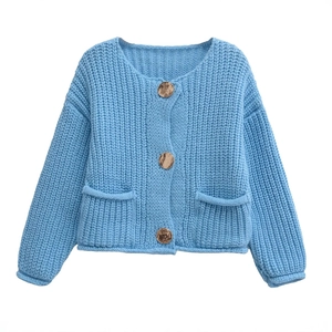 Sky blue knit cardigan sweater with gold buttons and front pockets on white background