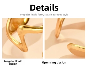 Detailed macro view of irregular liquid shape open ring with golden baroque finish