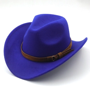 Detail of royal blue wool cowboy hat featuring a dark brown suede belt with metal buckle