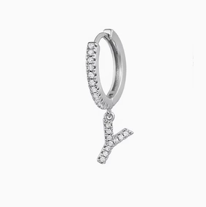 Sparkling silver initial Y drop earrings with pave zircons on round huggie hoops