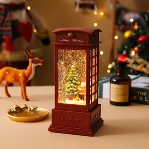 Detail of red Christmas telephone booth water lantern with snowman and LED lights