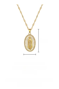 Macro shot of oval religious pendant necklace featuring micro-set crystals and steel chain