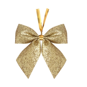 Golden glitter Christmas bow ornament with hanging ribbon for tree and gift decoration