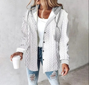 Women's white and grey cable knit hooded cardigan jacket with single-breasted buttons