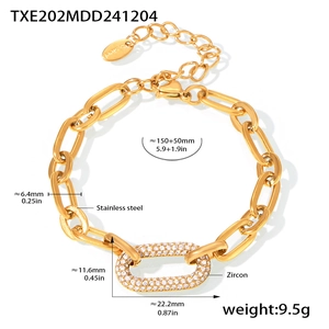 Dimensions détaillées du bracelet chaîne trombone en acier inoxydable doré et zircon