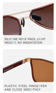 Detail view of smooth hinges and silicone nose pads on brown square frame sunglasses