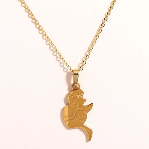 Titanium steel gold necklace with Cupid wings heart pendant engraved with LOVE text