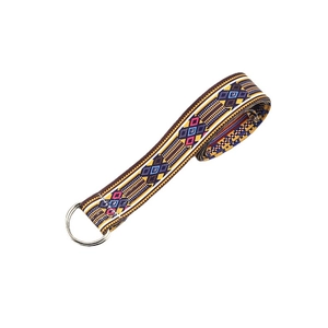 Ethnic style canvas belt with colorful geometric patterns and double D-ring metal buckle