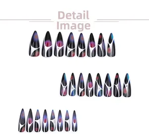 Macro view of long stiletto press-on nails with dark colorful aurora ombre and white swirls