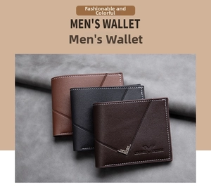 Detailed view of men's bifold wallets in black and brown with fine stitching and metal logo
