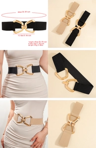 Detail showing elastic waist belt dimensions and golden geometric metal buckle closure