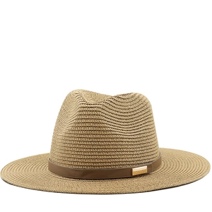 Women Straw Fedora Sun Hat Wide Brim Woven Paper Summer Beach Travel Retro Elegant With PU Leather Band Gold Buckle
