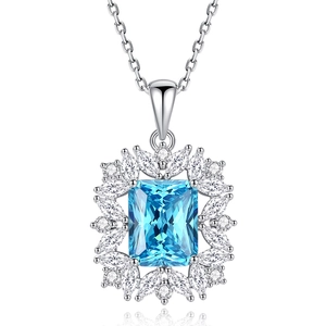 Luxury S925 silver necklace with rectangular sea blue gemstone and sparkling white zircon