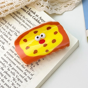 Cartoon pizza hair claw clip with movable eyes on an open book, cute resin hair accessory