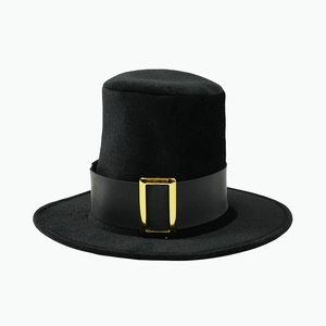 Classic black felt top hat featuring a sleek black ribbon and a polished gold buckle detail