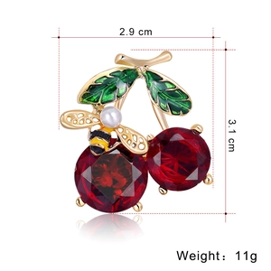 Cute cherry and bee brooch with red gems and green enamel leaves, 2.9cm x 3.1cm size