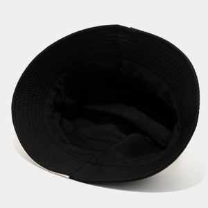 Fashionable black two-tone bucket hat with top view of stitched brim and inner structure