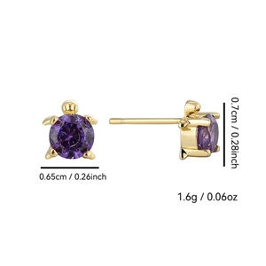 Golden turtle stud earrings with purple round zircon stone and size dimensions