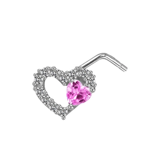 Detailed view of silver heart nose stud with pink crystal and white diamonds