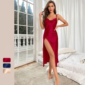 Elegant deep red satin silk nightdress with high slit and thin straps for women