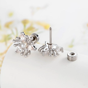 Sparkling silver stud earrings featuring round pearl and marquise zircon floral design