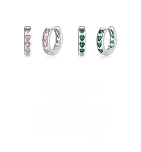 Close-up of S925 silver hoop earrings with pink and green heart-shaped gemstones