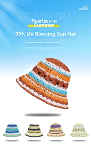 Detail of colorful hollow crochet knit sun hat with floral pattern and wavy brim