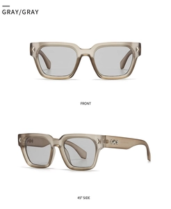 Front- und Seitenansicht der quadratischen mattgrauen Sonnenbrille mit Metallpfeil-Detail