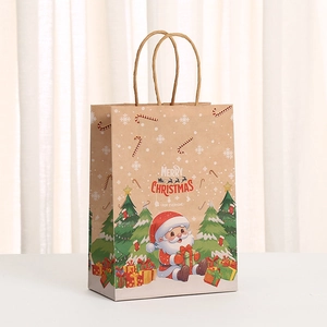Brown kraft paper Christmas gift bag with Santa Claus print and Merry Christmas text