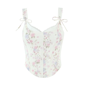 Floral Corset Top Lace Mesh Bow Tie Shoulder Vintage French Style Slim Fit Boning Camisole For Women