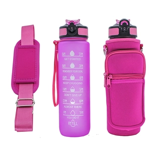 Pink gradient water bottle with SBR sleeve, shoulder strap and time markings