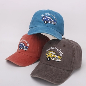 Kids vintage washed cotton baseball caps with car embroidery in blue red and grey