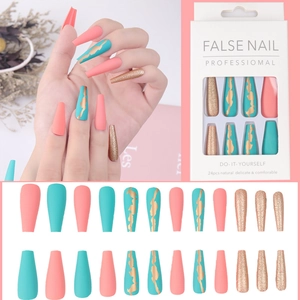 Set of 24 long coffin press-on nails in matte coral pink, turquoise, and gold glitter