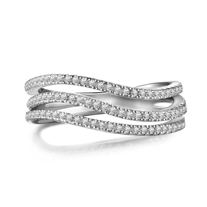 Anello ondulato a tre strati in argento sterling S925 con pavé di zirconi scintillanti