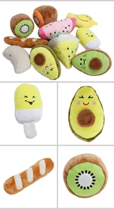 Collage of plush squeaky dog toys in various fruit and food shapes on white background
