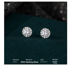 Macro shot of S925 sterling silver halo stud earrings with cubic zirconia stones