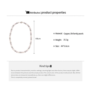 Detail view of pearl necklace showing 44cm length and 0.8cm diameter specifications